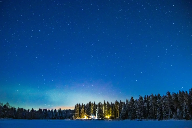 the sky is lit up by stars above trees