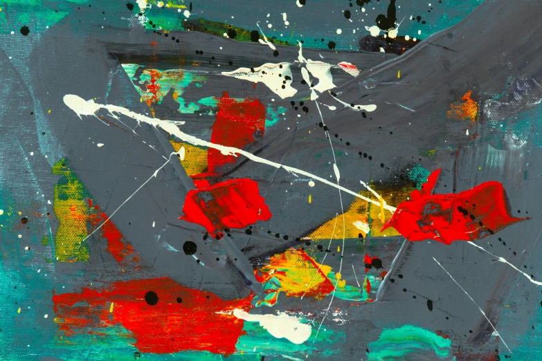 an abstract painting with various colored and black areas