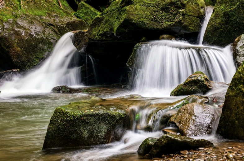 a small waterfall is seen in this green po