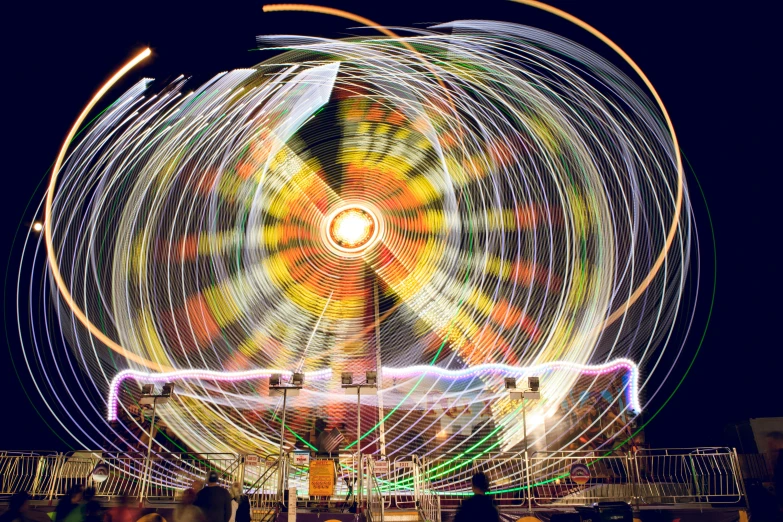 a long exposure po of a ferris wheel at night