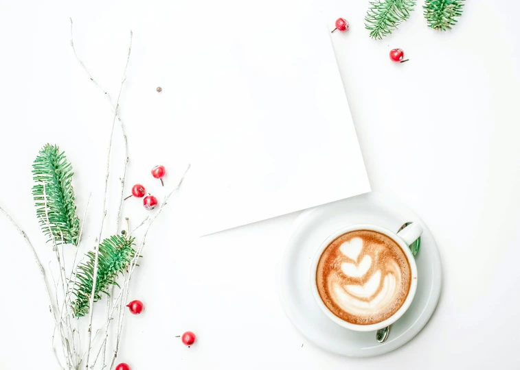 cappuccino coffee on white table with fir nches