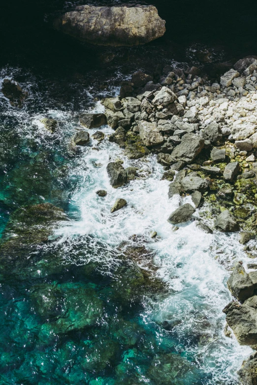 an aerial view of a river with blue water