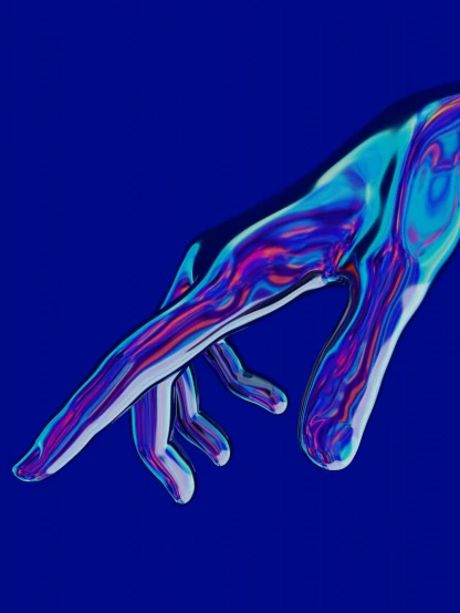 an abstract pograph of a long, slender hand with multicolored patterns