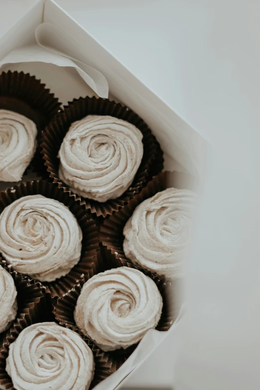 a box filled with chocolate cupcakes topped with white frosting