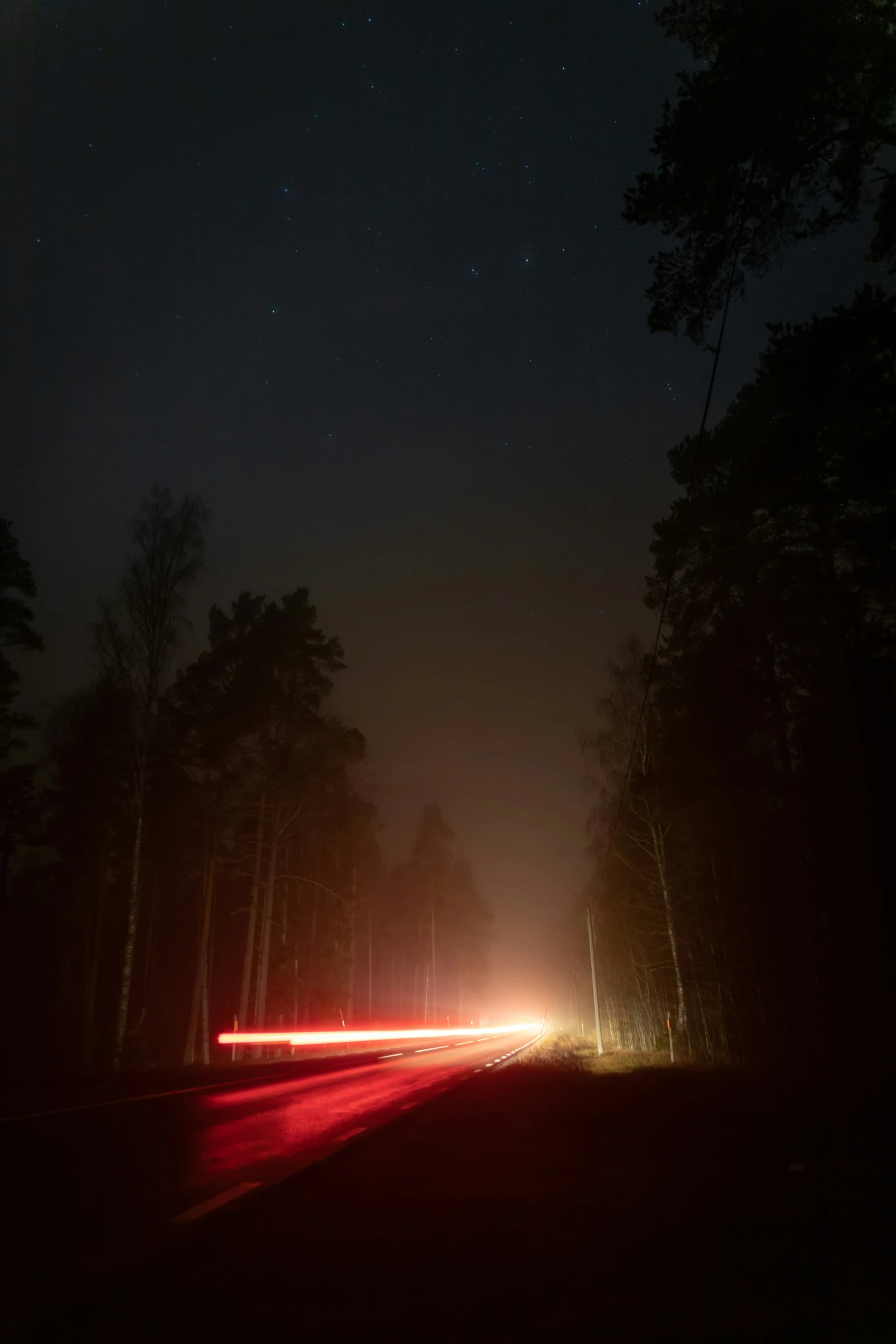 the car lights are glowing and shining on the road