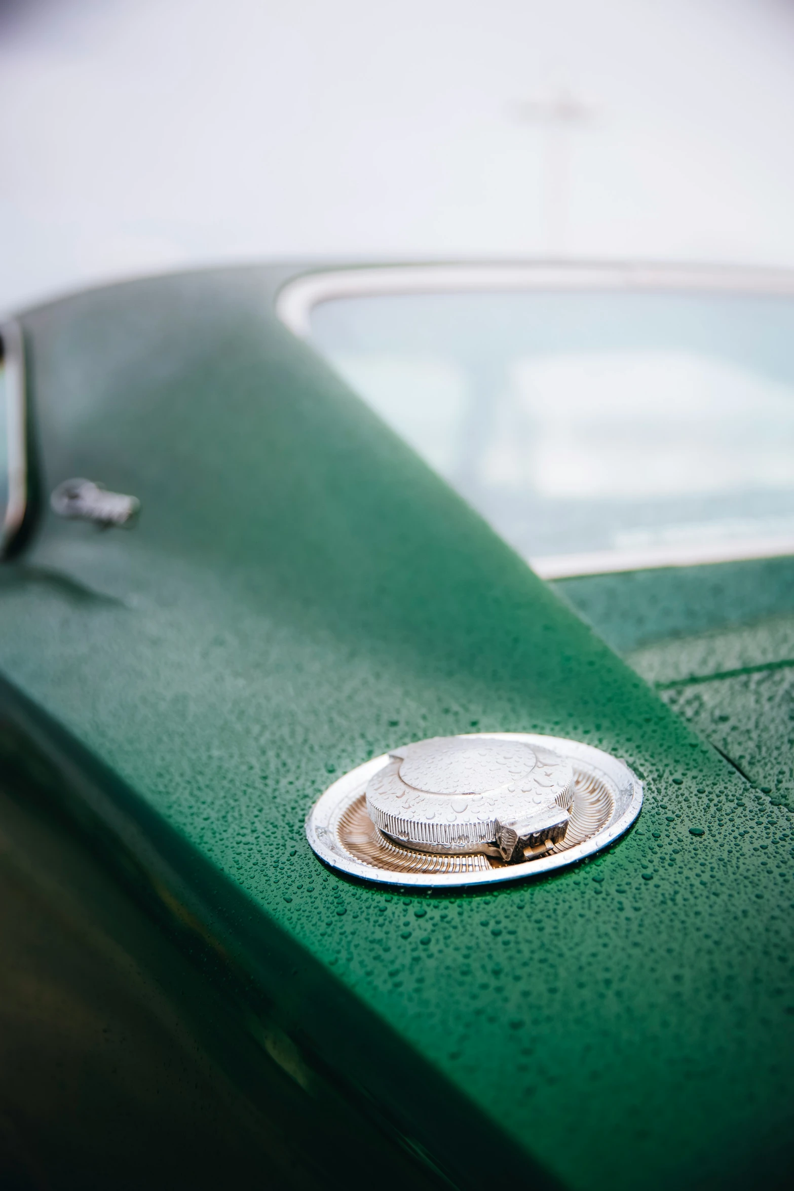 the hood of a green old fashioned car