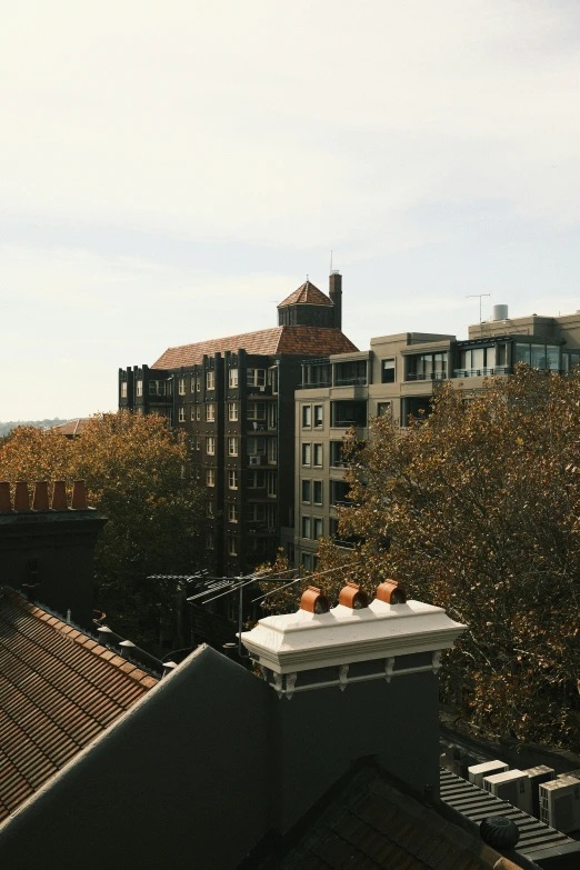 a city skyline seen from above a roof