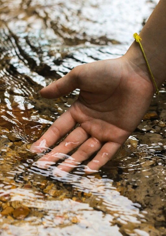 a hand reaching for the water in the river