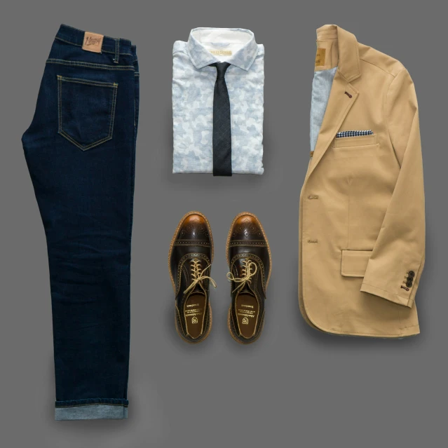 an assortment of dress clothes, shoes, and clothing items