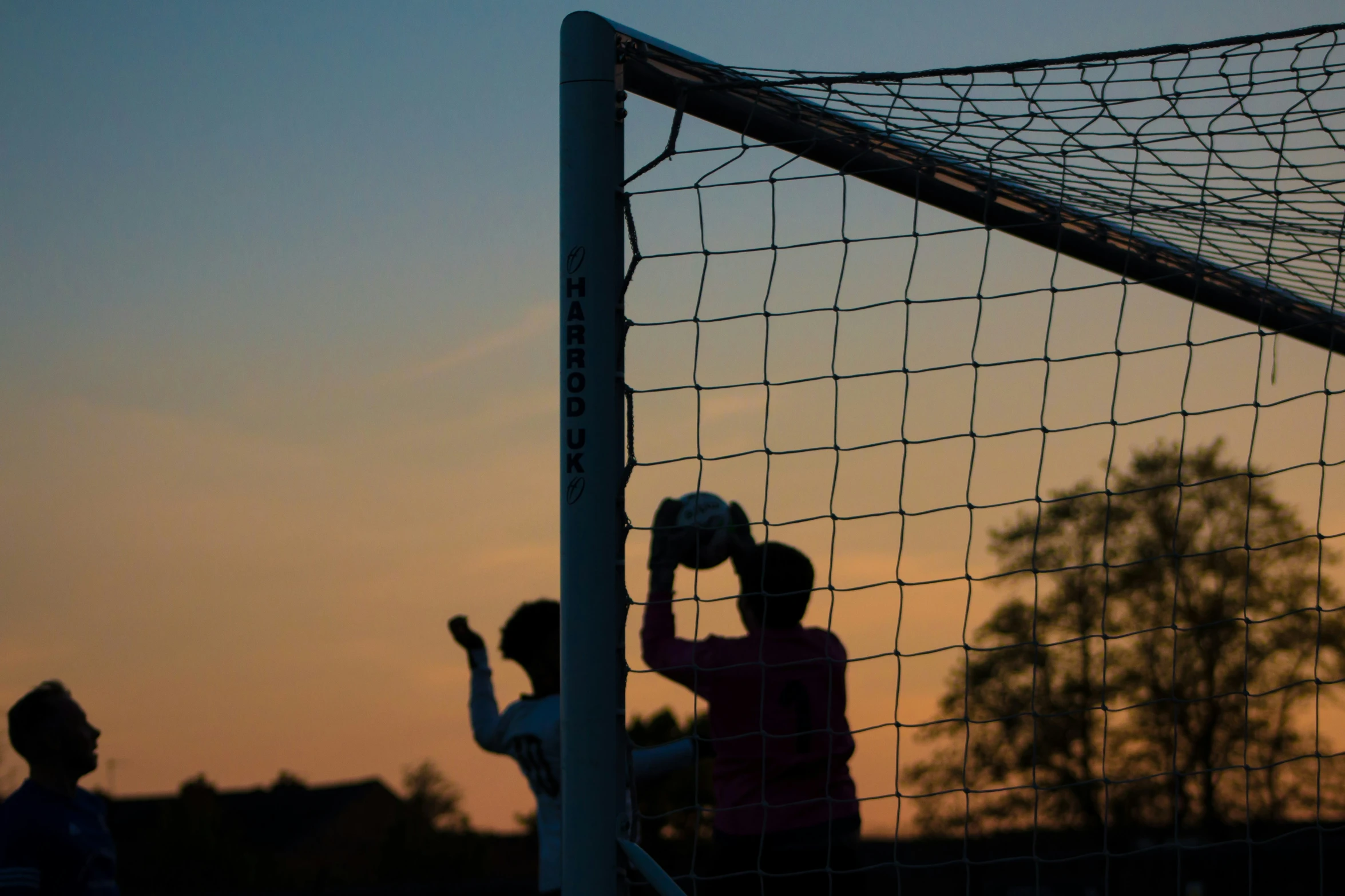 a couple of people that are standing in front of a soccer net