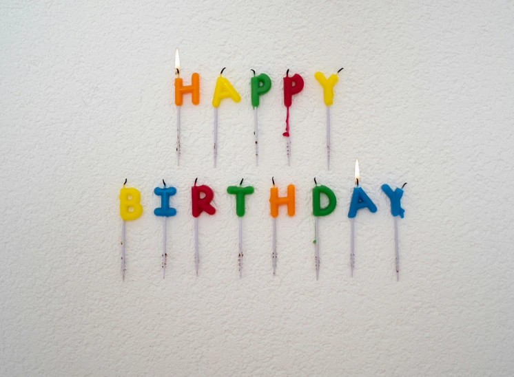 the word happy birthday is spelled in multi - colored candles