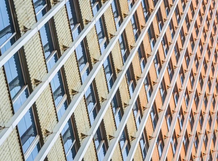 many windows in a building reflecting blue sky