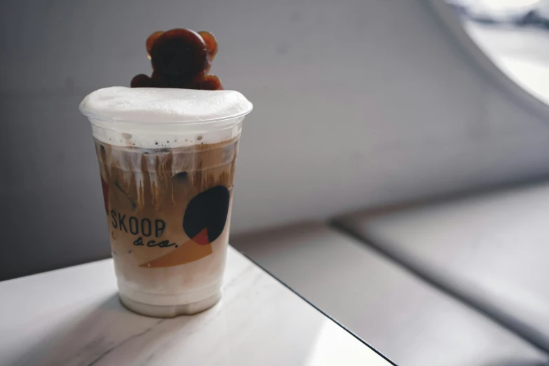 an iced coffee with a bear on top