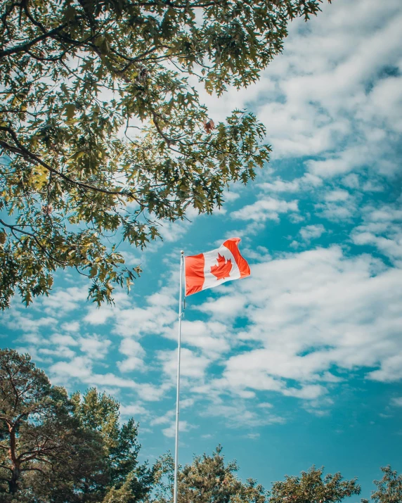 the canadian flag is waving on a pole