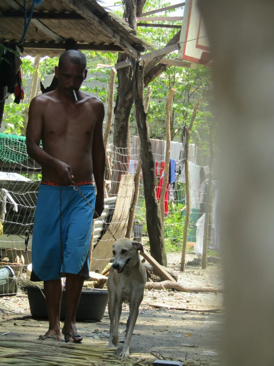 a man in blue shorts and shirt with a small dog