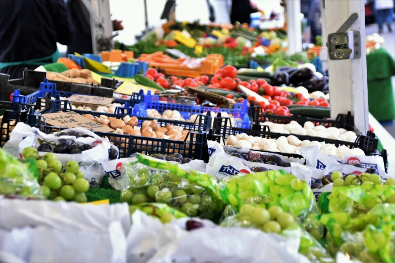 many types of fruit are displayed at an outdoor market