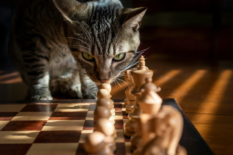 a cat stands on the floor looking at the chess pieces