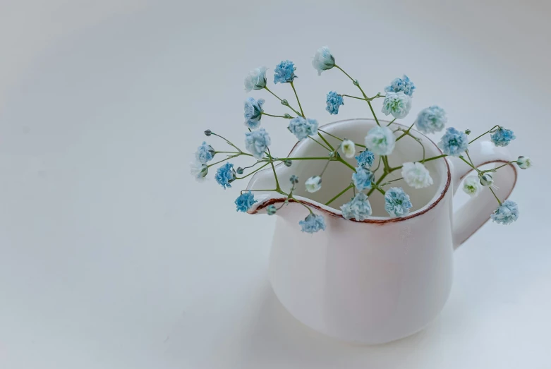 blue flowers are placed inside a white cup