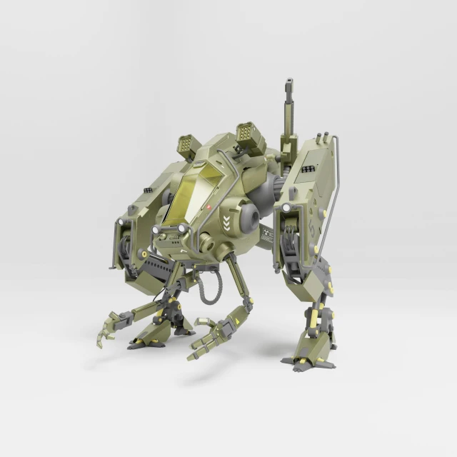 a robot - like green robot with its legs apart