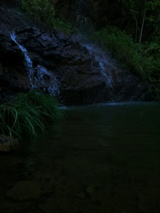 a cave with water and grass at night