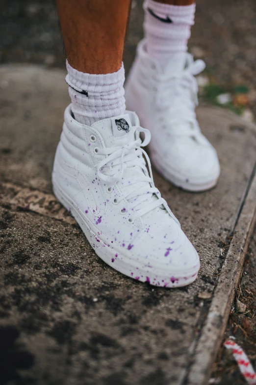 feet and ankles of a man in white tennis shoes