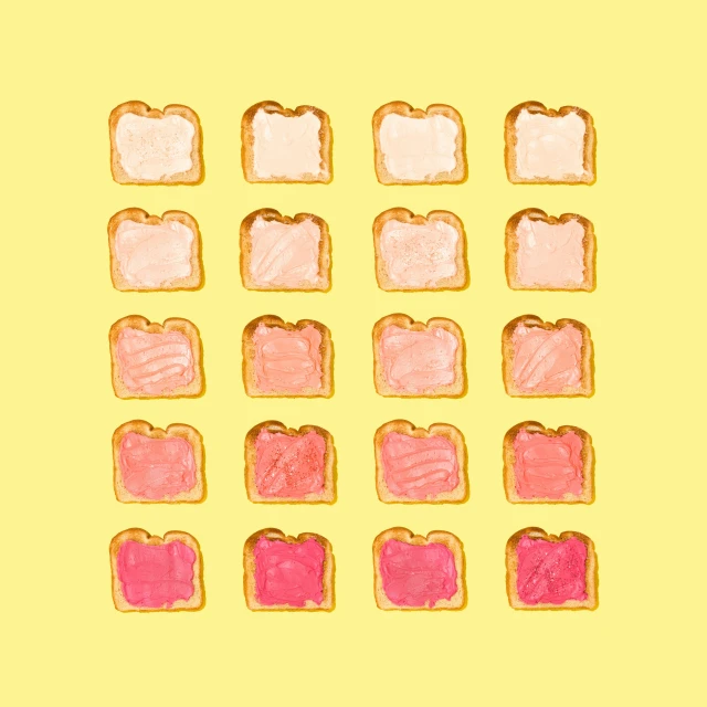 various types of bread with pink and yellow colors