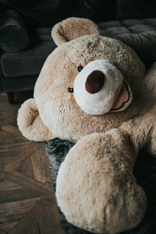 a stuffed bear laying on a carpet with its head up