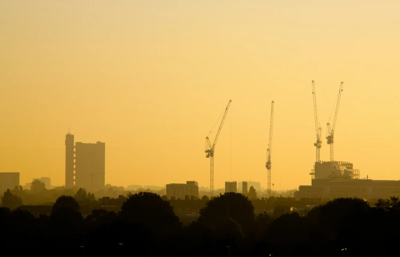 silhouette of a city skyline, with cranes