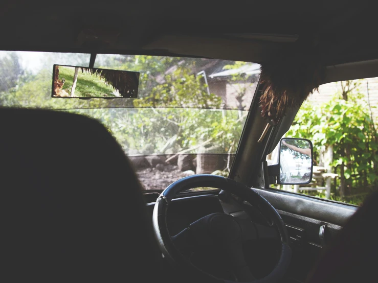 a bus driver's view from his seat looking out the window