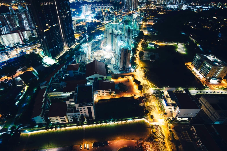 aerial view of city from above at night