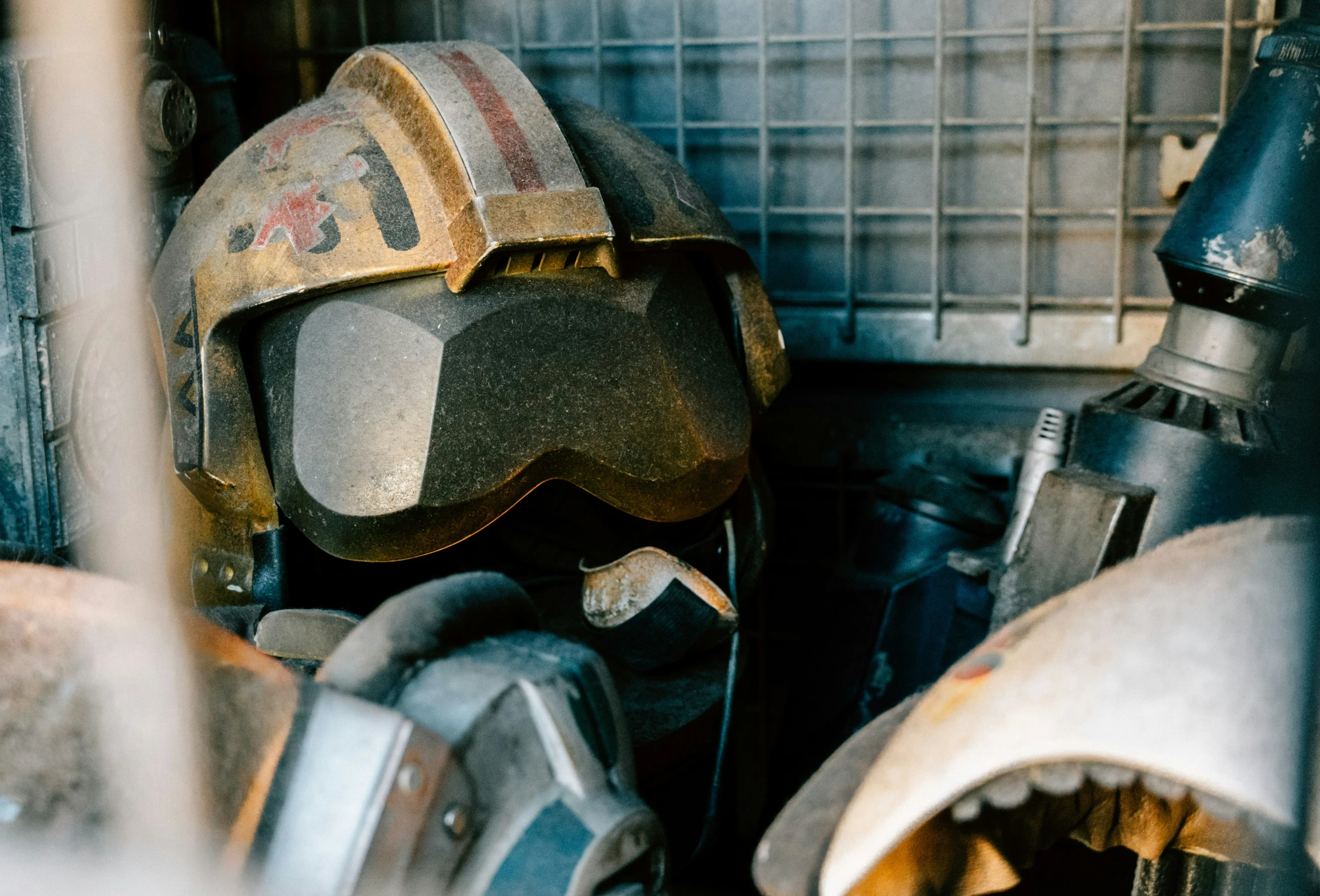 helmet in the back of a truck covered in rust