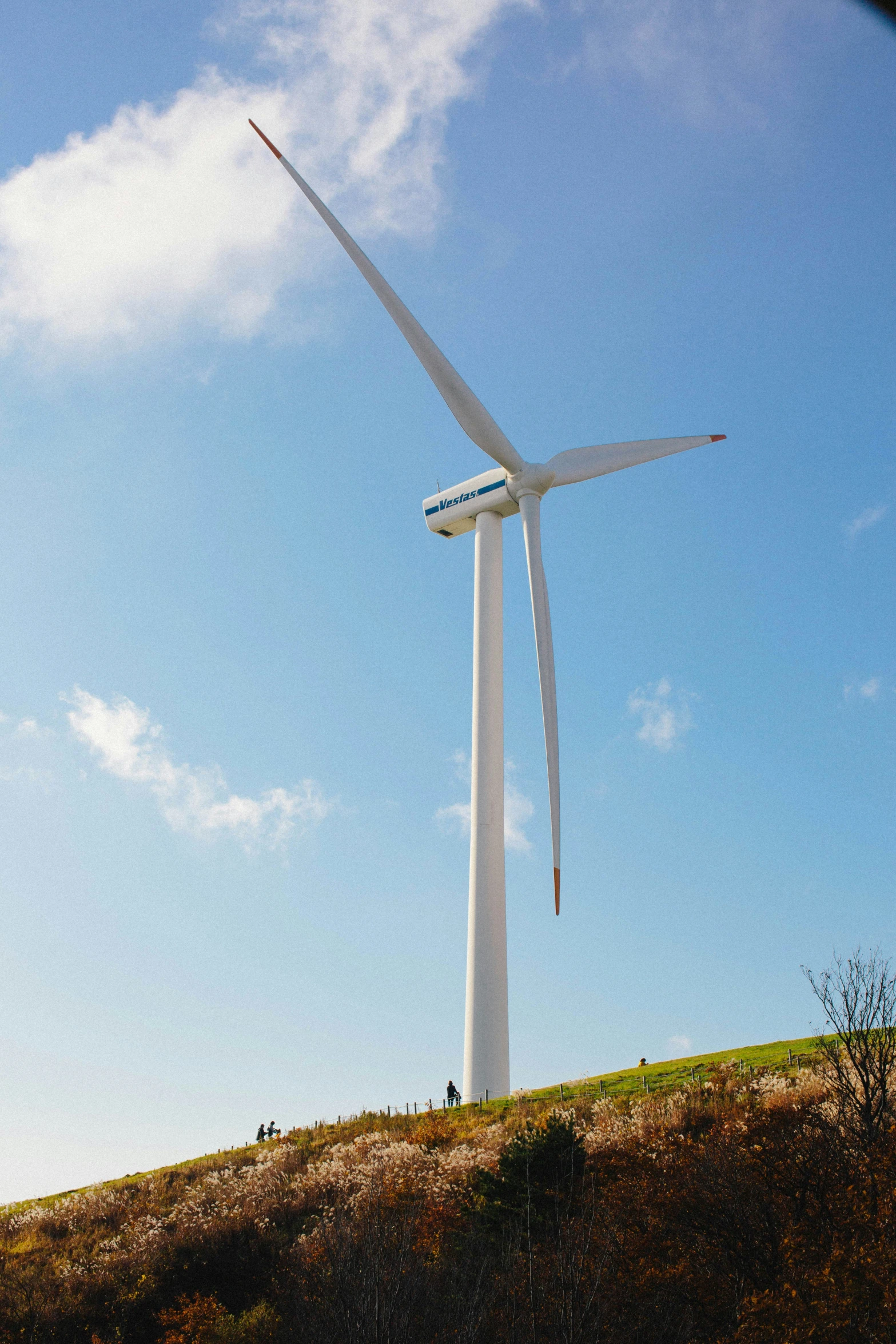 a wind turbine on a hill under a blue sky