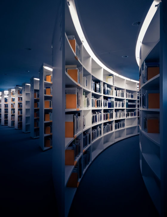 a room with shelves that have different types of books on them