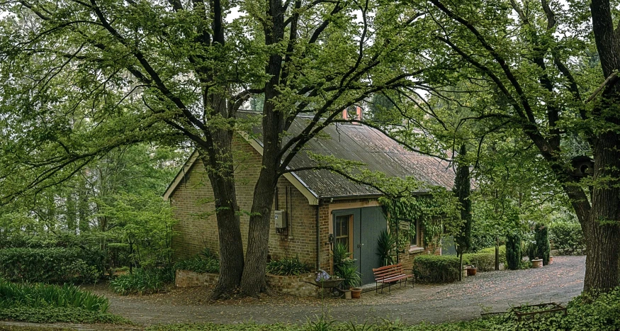 a building in a park surrounded by trees