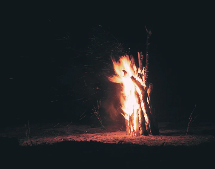 a bonfire in the dark with sticks out