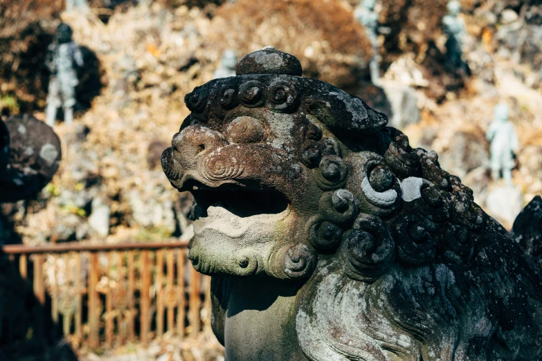 close up of a carving of an animal head