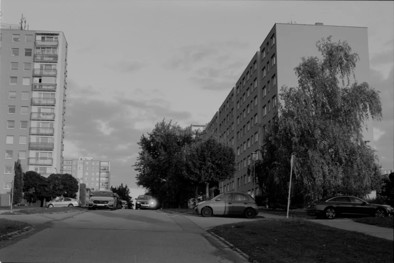 black and white pograph of buildings near roadway with cars on it