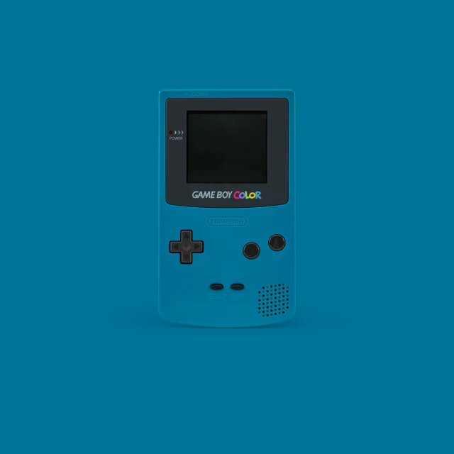 a handheld gaming machine against a blue background