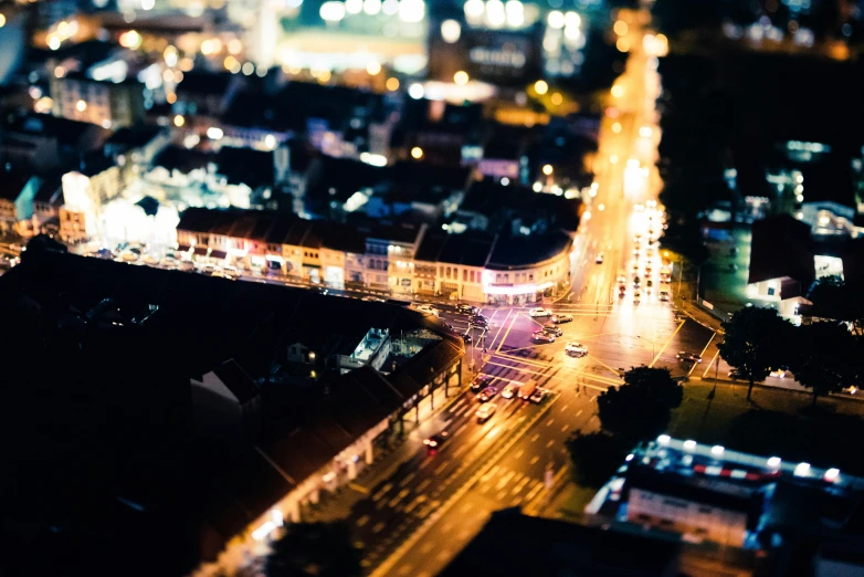 an aerial view of city lights at night