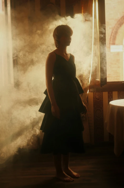 a woman standing near a window in smoke