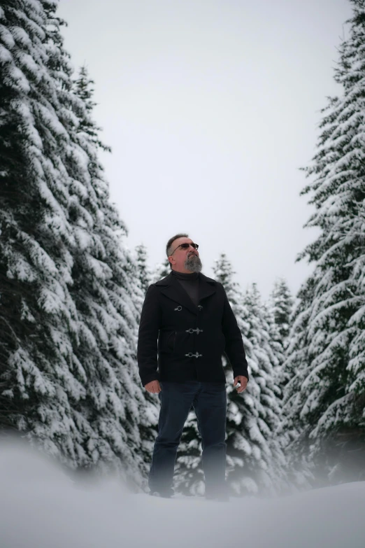 a man standing in the snow near snow covered trees