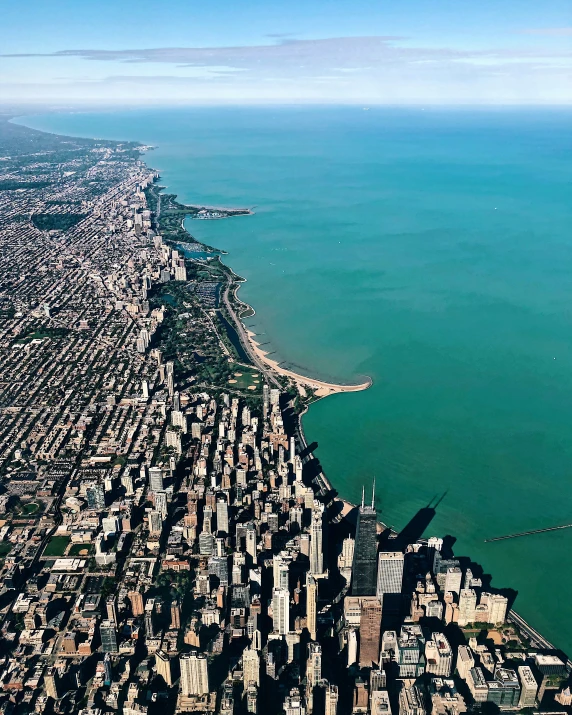 aerial view of chicago, looking south toward lake michigan