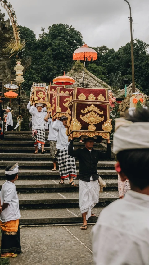 people are walking in front of an elaborate float