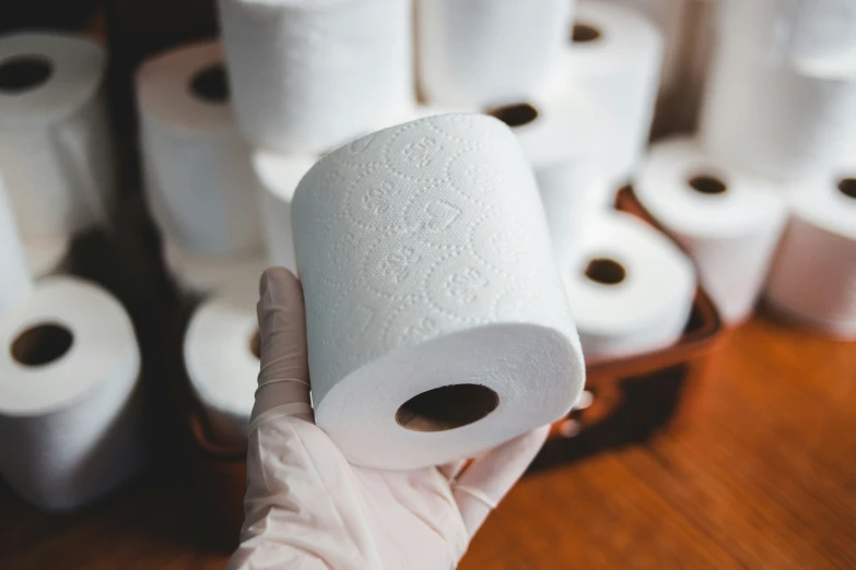 a person holding up several rolls of toilet paper