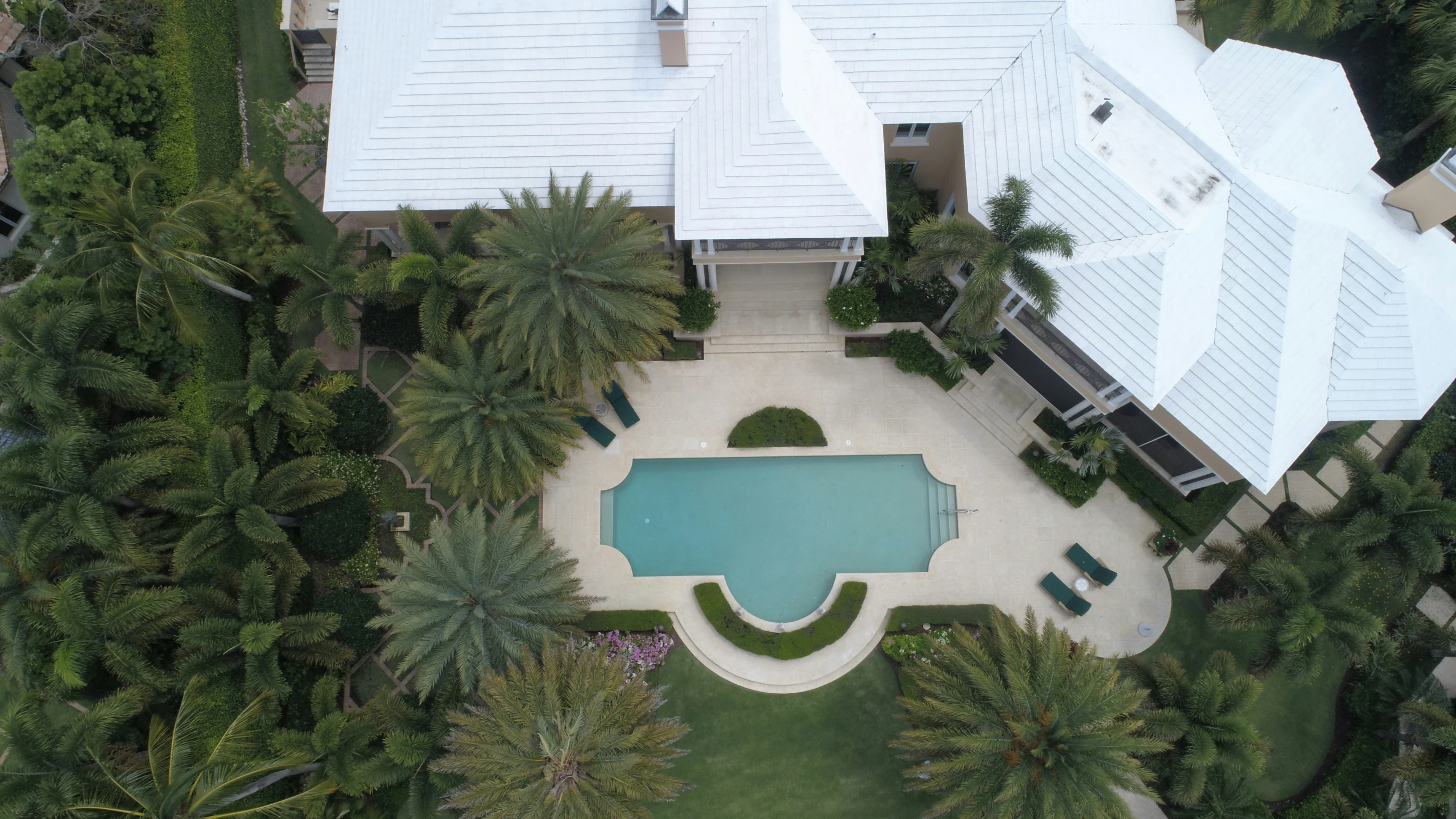 aerial view of pool with house, palm trees and large house