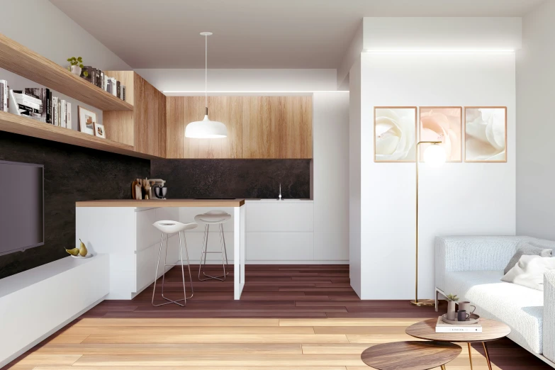 a living area with chairs, counter, shelves, a television and stools