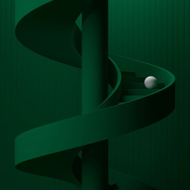 a minimalist painting with a ball inside the green curves