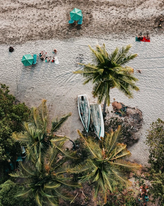 a small beach area with some people and two boats