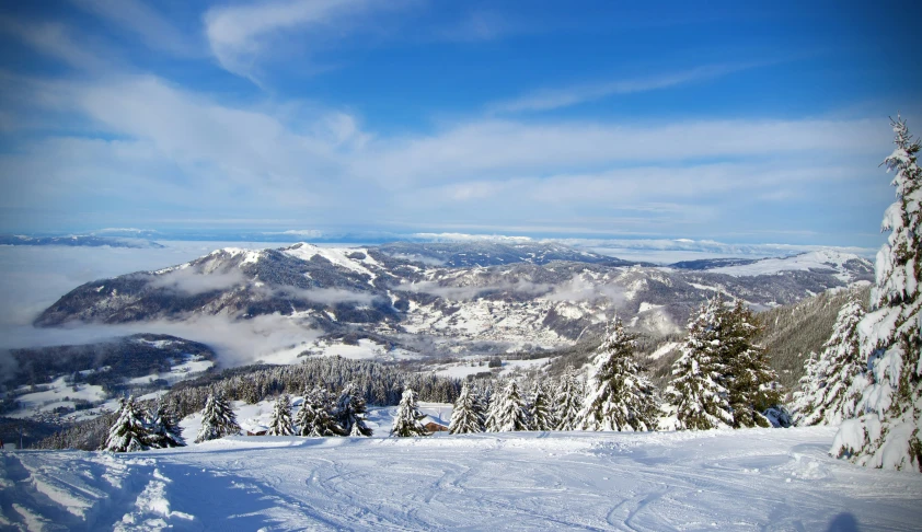 the view looking down at the mountains and trees