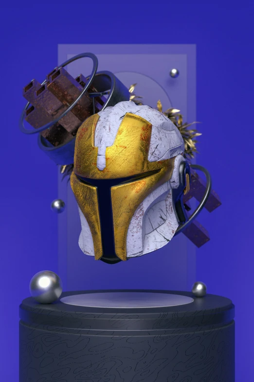 there is a golden helmet on top of a black container